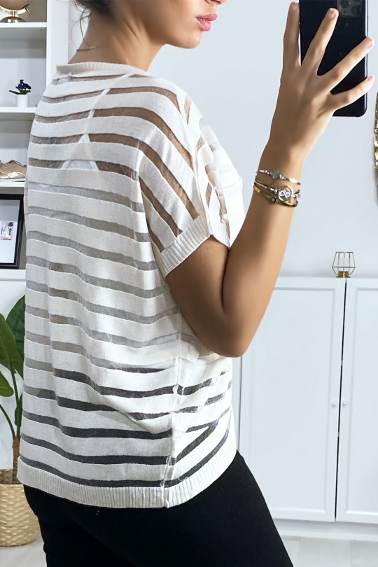 Top rayé beige semi transparent avec poche Top rayé beige semi transparent avec poche
