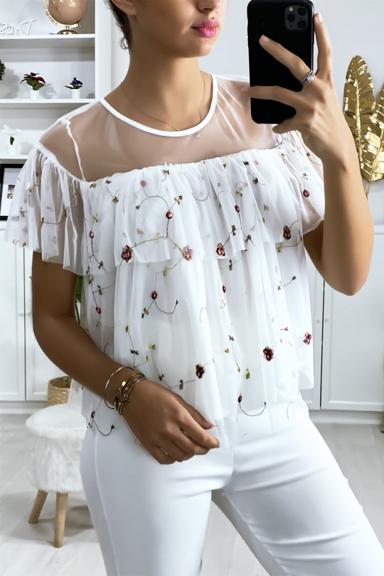 Blouse blanche à volant en tulle brodé Blouse blanche à volant en tulle brodé