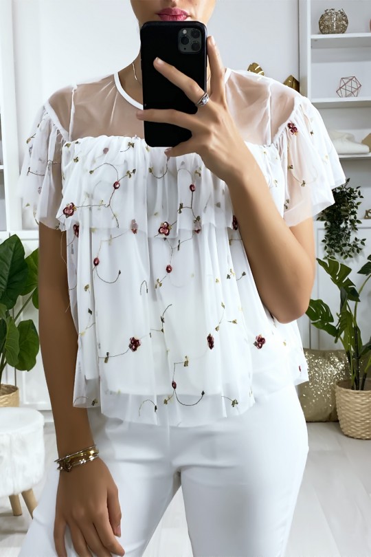 Blouse blanche à volant en tulle brodé Blouse blanche à volant en tulle brodé