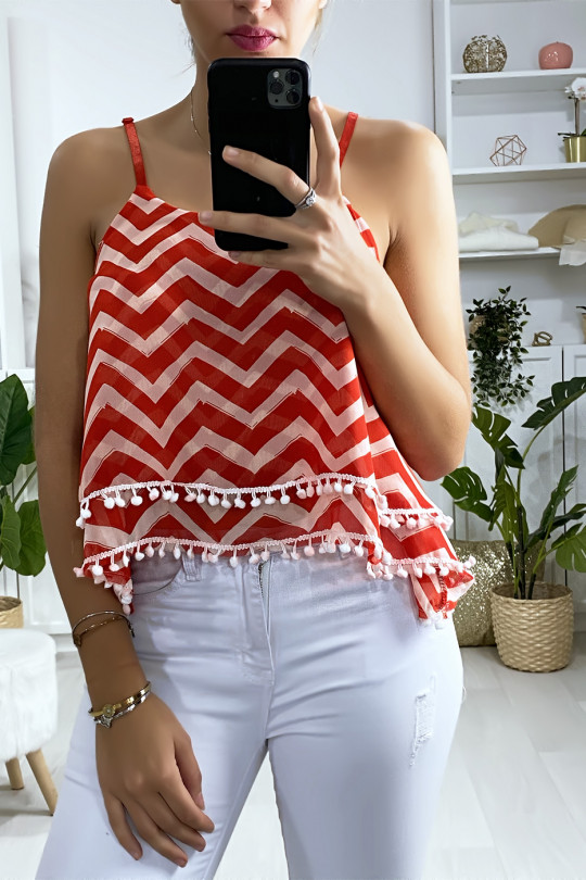 Débardeur à motif rouge et blanc en forme de zigzag avec volant et mini pompon Débardeur à motif rouge et blanc en forme de zigzag avec volant et mini pompon