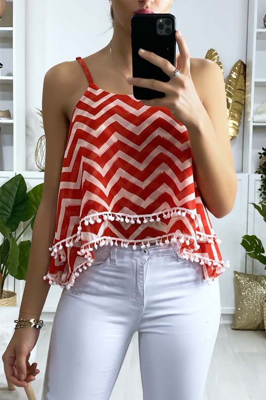 Débardeur à motif rouge et blanc en forme de zigzag avec volant et mini pompon Débardeur à motif rouge et blanc en forme de zigzag avec volant et mini pompon