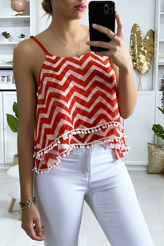 Débardeur à motif rouge et blanc en forme de zigzag avec volant et mini pompon Débardeur à motif rouge et blanc en forme de zigzag avec volant et mini pompon