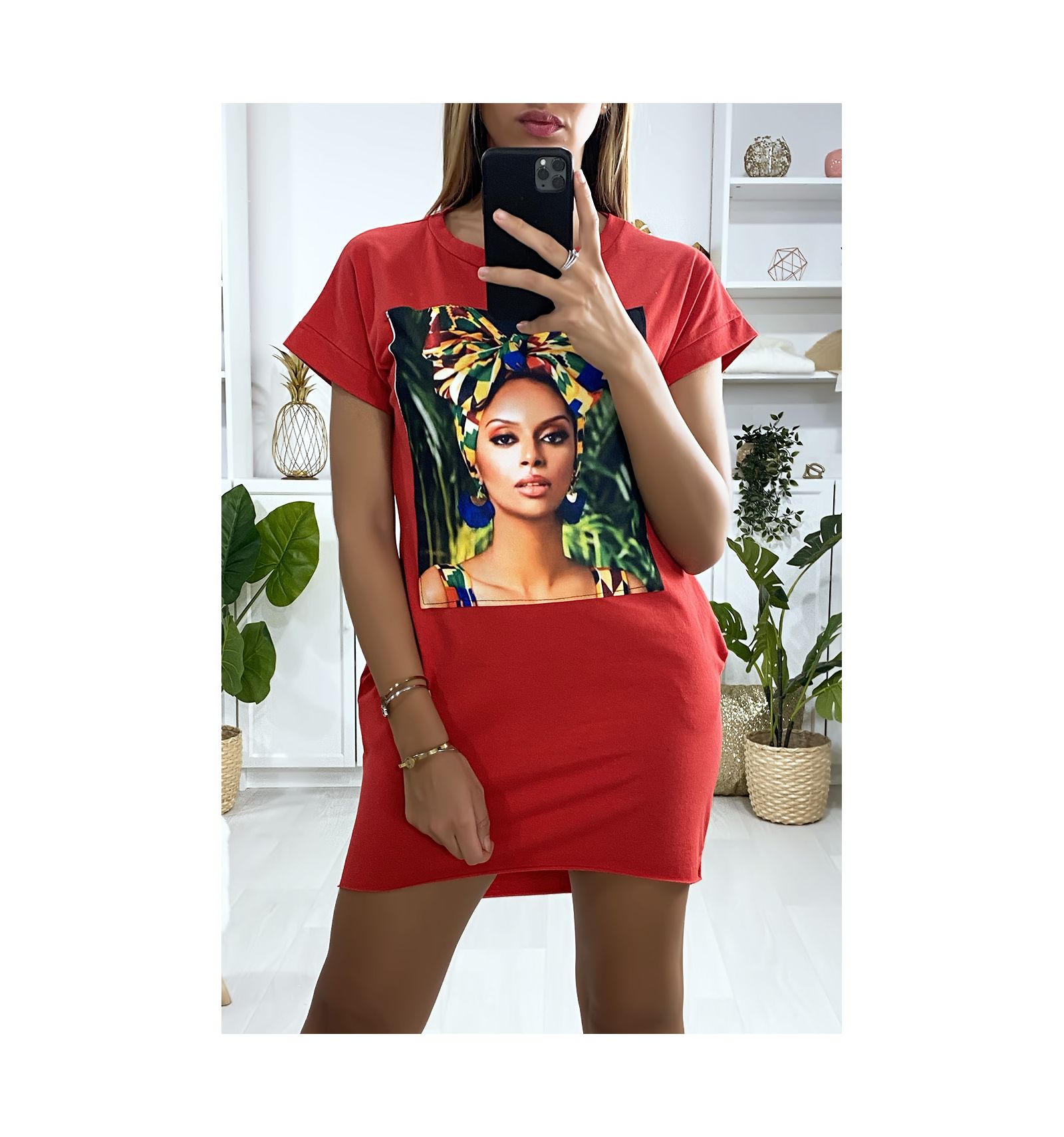 Robe tunique rouge pour femme avec poches et dessin africaine.