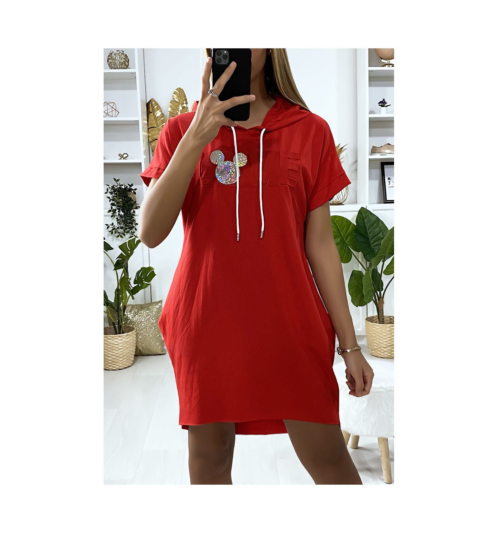 red hooded sweatshirt dress