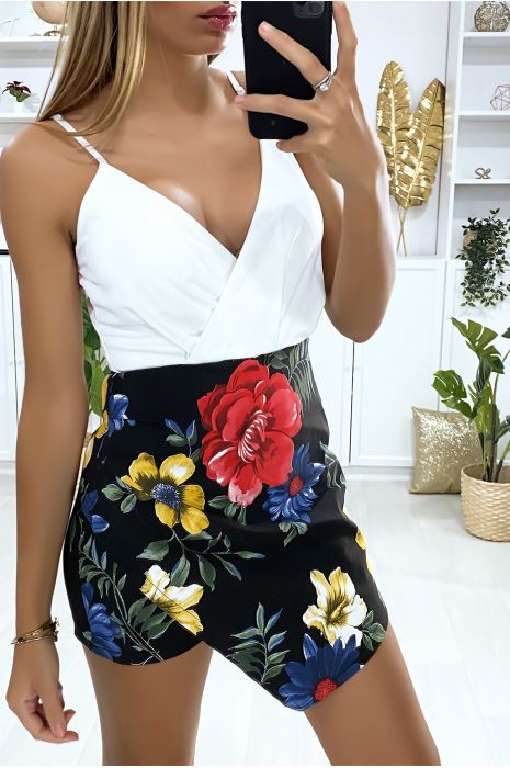 Combi-short motif fleur noir croisé style robe