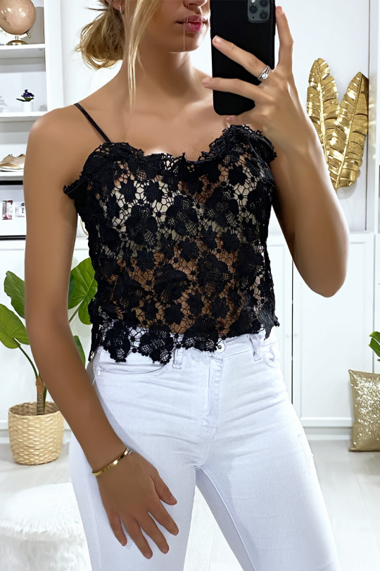 Top débardeur noir en dentelle. Mode femme pas cher Top débardeur noir en dentelle. Mode femme pas cher
