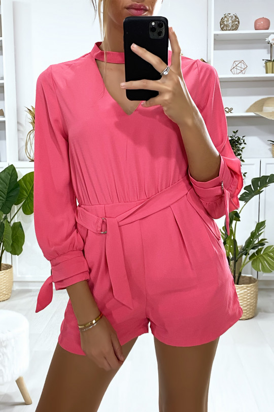 Combi-short fuchsia manches ouvert vol V avec ceinture et poches Combi-short fuchsia manches ouvert vol V avec ceinture et poches