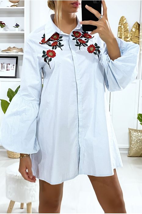 blue and white shirt dress