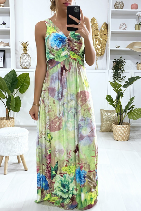 Longue robe motif fleuris vert avec accessoire au buste Longue robe motif fleuris vert avec accessoire au buste