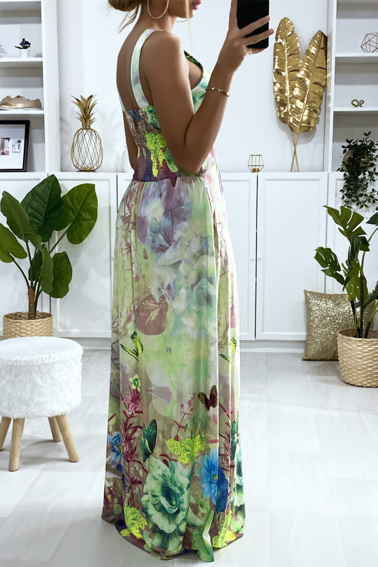 Longue robe motif fleuris vert avec accessoire au buste Longue robe motif fleuris vert avec accessoire au buste