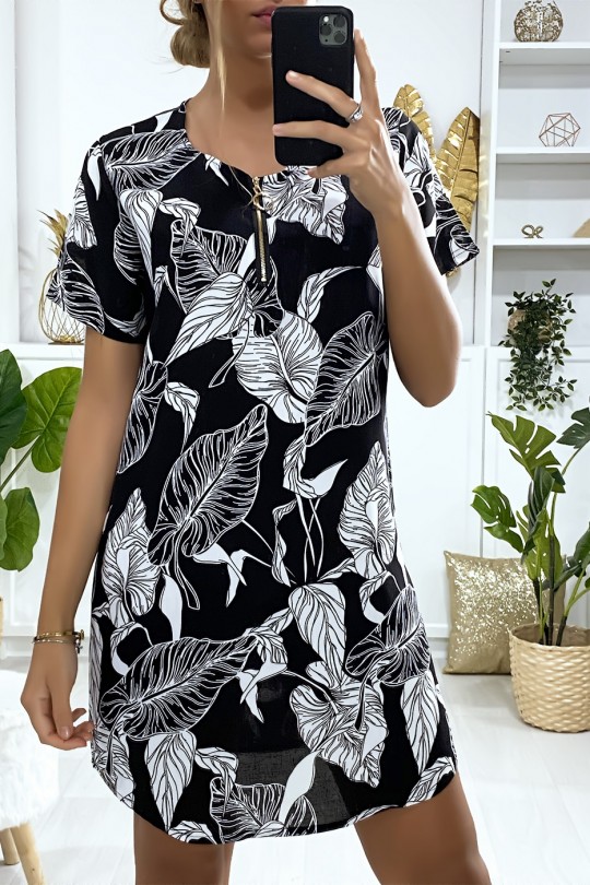 Robe tunique noir motif feuilles avec zip au col Robe tunique noir motif feuilles avec zip au col