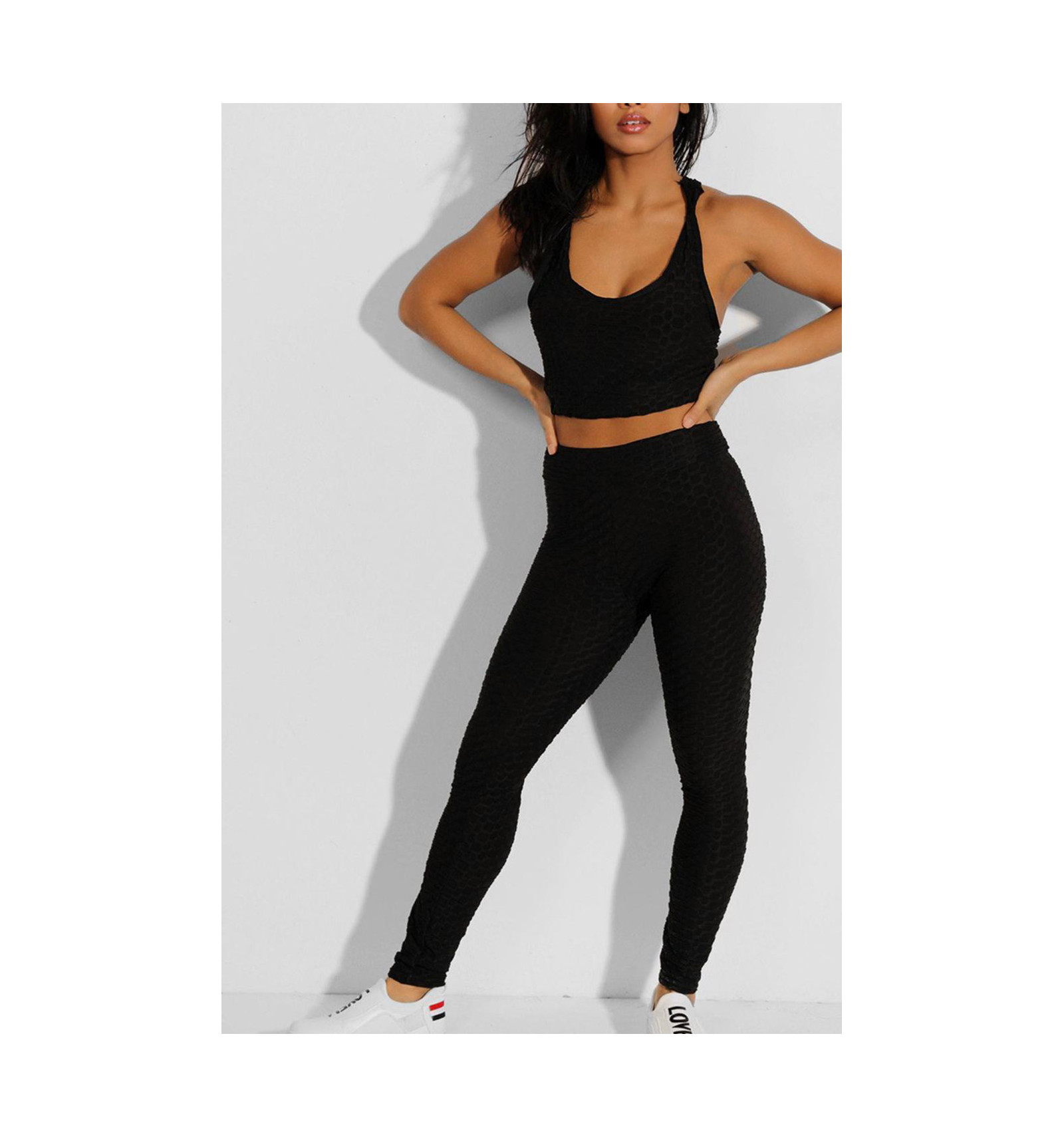black top with black leggings