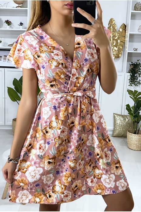 Robe Courte Croise Au Buste En Rose Avec Motif Fleurs