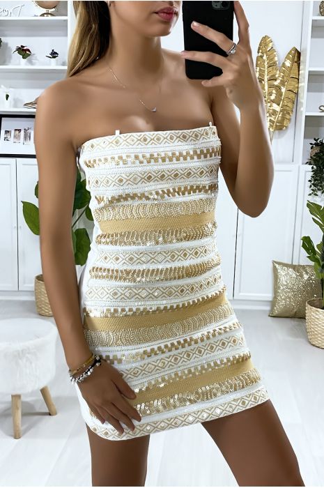 White evening dress with gold sequins 