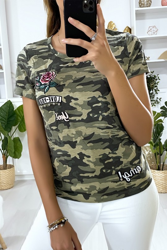 T-shirt kaki militaire avec broderie T-shirt kaki militaire avec broderie