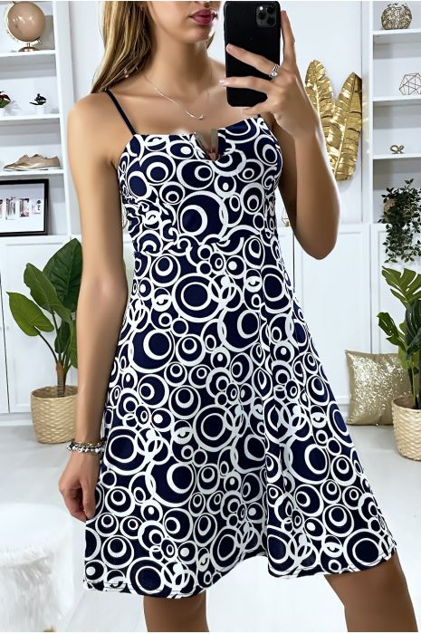 Navy And White Summer Dress With Pattern And V Bust Accessory