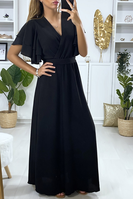 Longue robe noir croisé au buste avec volant aux manches Longue robe noir croisé au buste avec volant aux manches