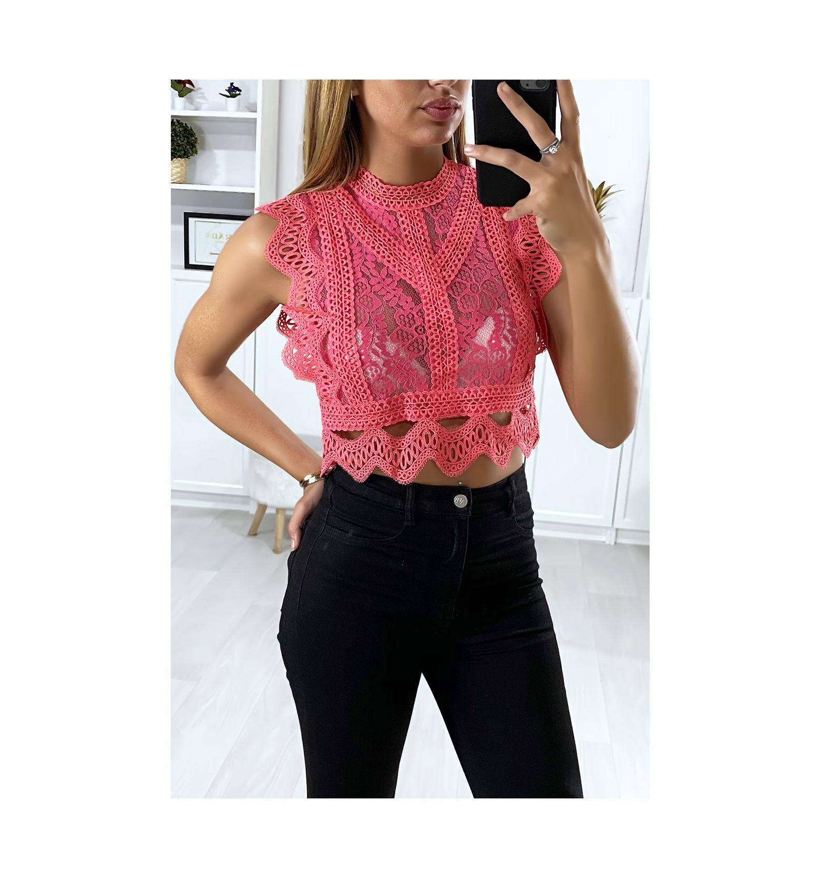 Crop top en dentelle fuchsia