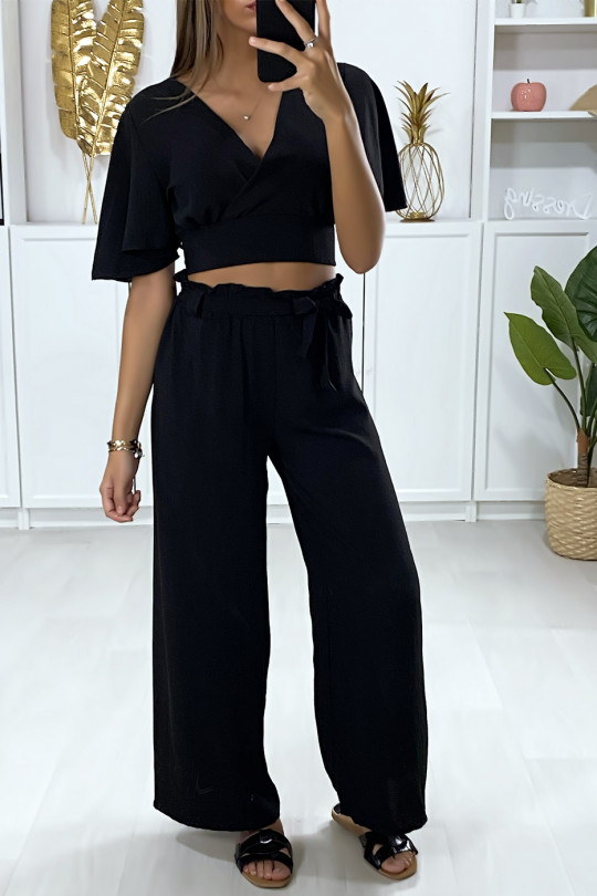 Ensemble noir haut croisé manche volante et pantalon palazzo Ensemble noir haut croisé manche volante et pantalon palazzo