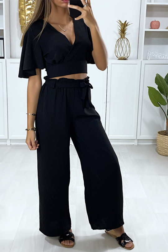 Ensemble noir haut croisé manche volante et pantalon palazzo Ensemble noir haut croisé manche volante et pantalon palazzo