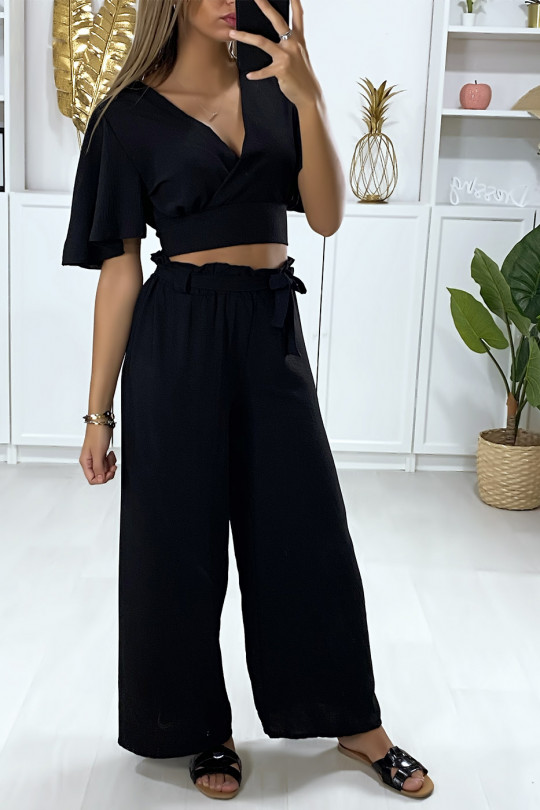 Ensemble noir haut croisé manche volante et pantalon palazzo Ensemble noir haut croisé manche volante et pantalon palazzo