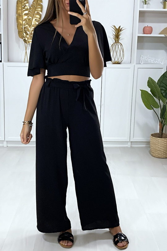 Ensemble noir haut croisé manche volante et pantalon palazzo Ensemble noir haut croisé manche volante et pantalon palazzo