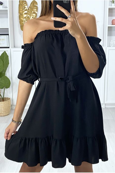 black strapless ruffle dress