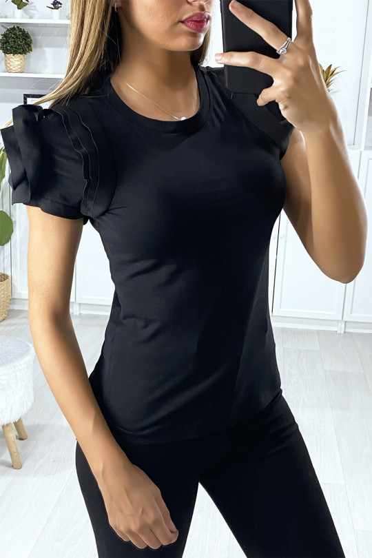 T-shirt noir en coton manches à volant motif fleure T-shirt noir en coton manches à volant motif fleure