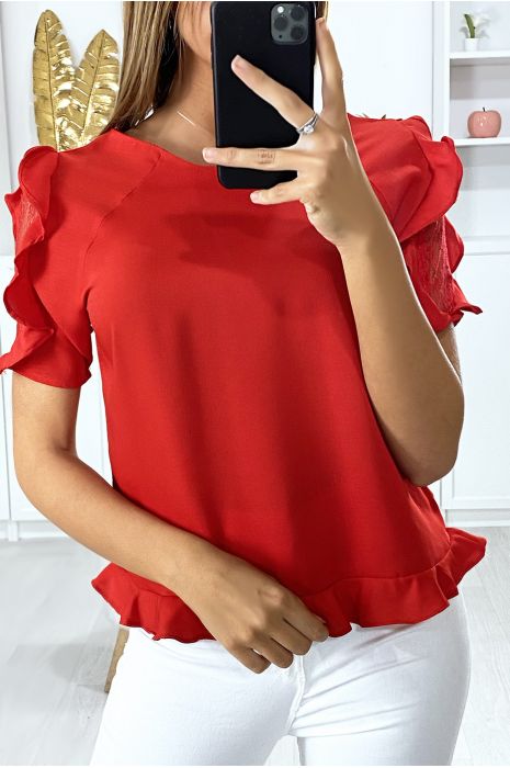 red blouse with ruffle sleeves
