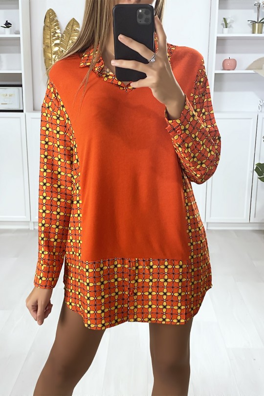 Robe tunique rouge col chemise avec joli motif Robe tunique rouge col chemise avec joli motif