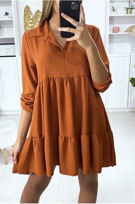Cognac Ruffle Tunic Dress With Shirt Collar And 3 4 Sleeve
