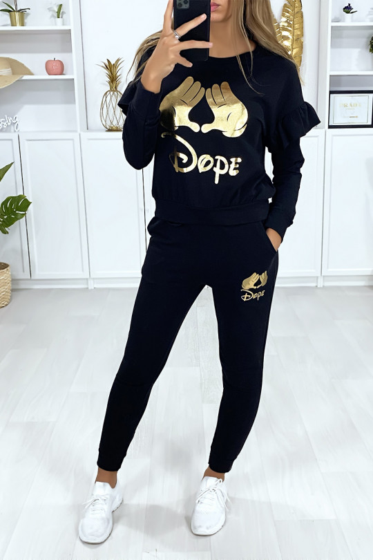 Zwarte set met joggingzakken en gouden patroon op het sweatshirt Zwarte set met joggingzakken en gouden patroon op het sweatshirt