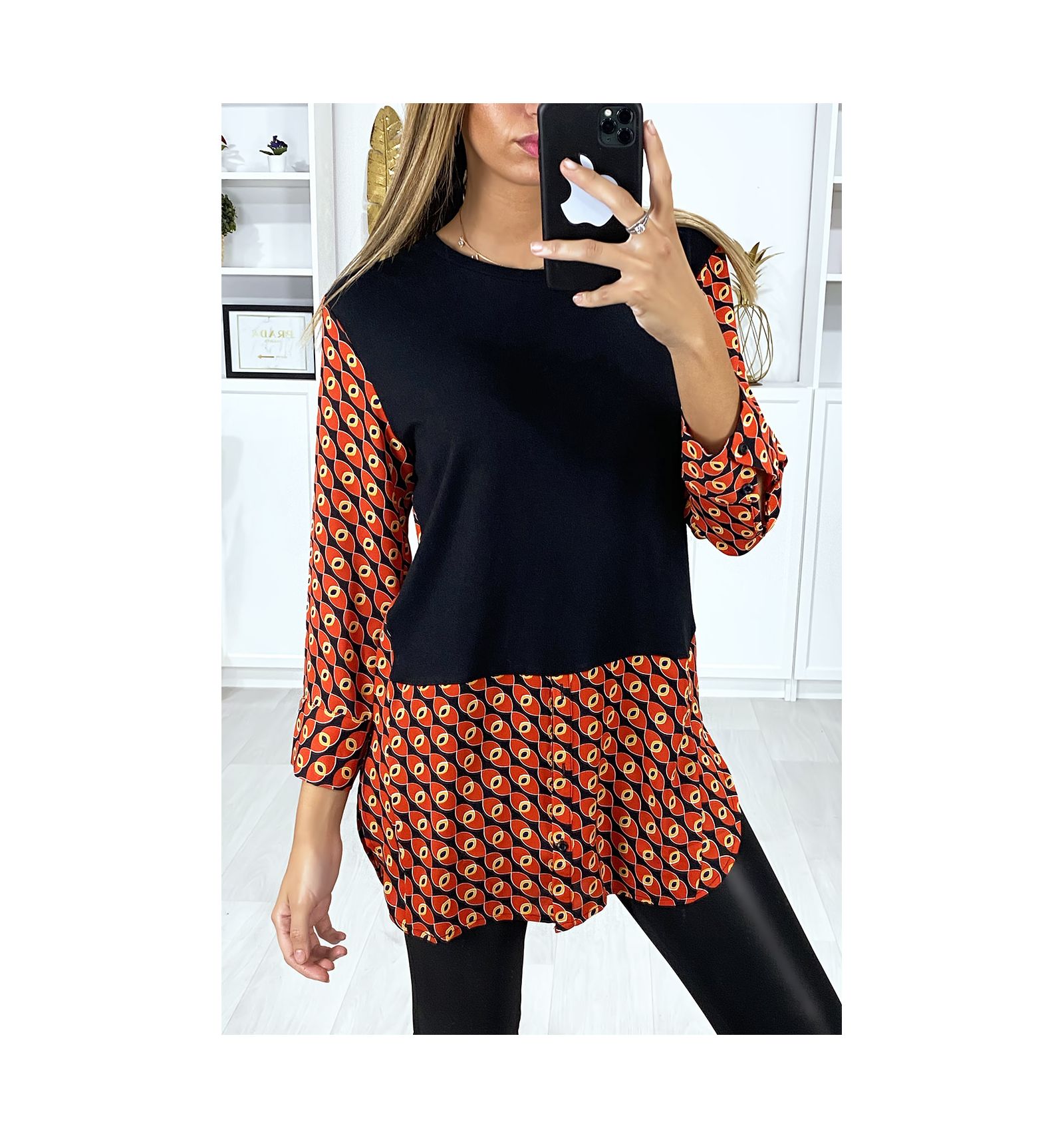 Robe tunique noir et rouge col chemise pour femme avec ...