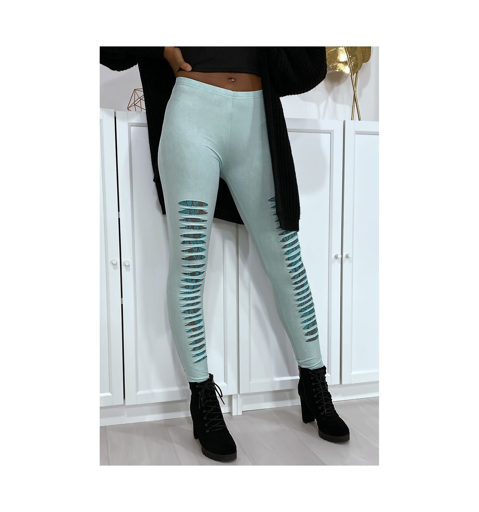 Legging vert d'eau pour femme effilé à l'avant et doublé ...