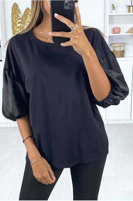  Tee  shirt  noir en coton pour femme avec manche  bouffante  