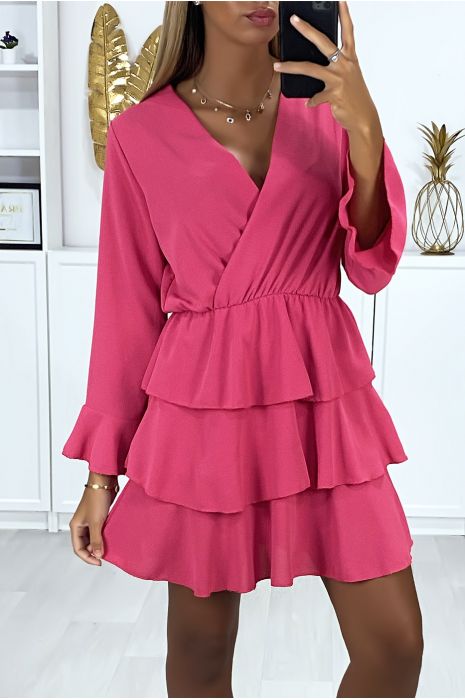 Long-sleeved crossover dress in fuchsia ...