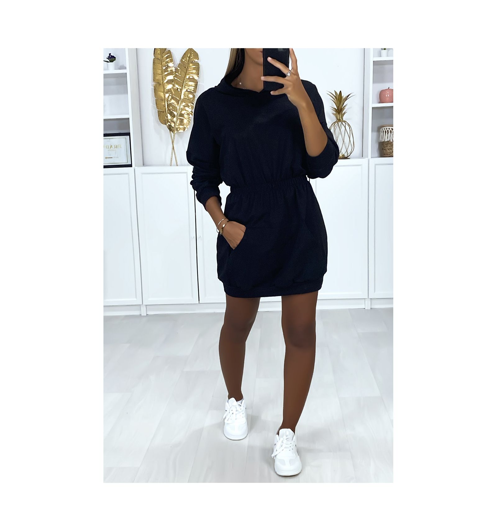 Robe sweat noir à capuche pour femme avec poches et ...
