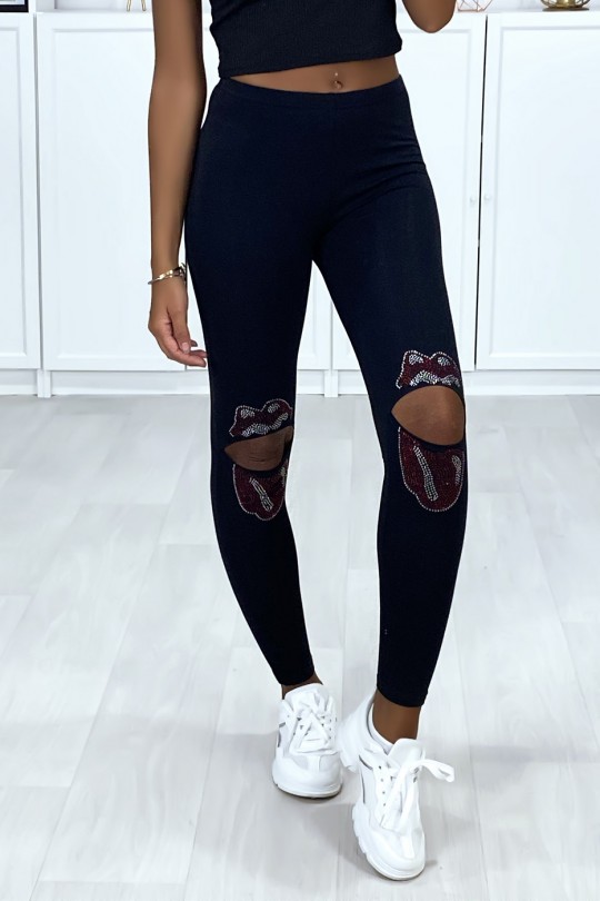 Legging noir en coton avec ouvertures et strass aux genoux Legging noir en coton avec ouvertures et strass aux genoux