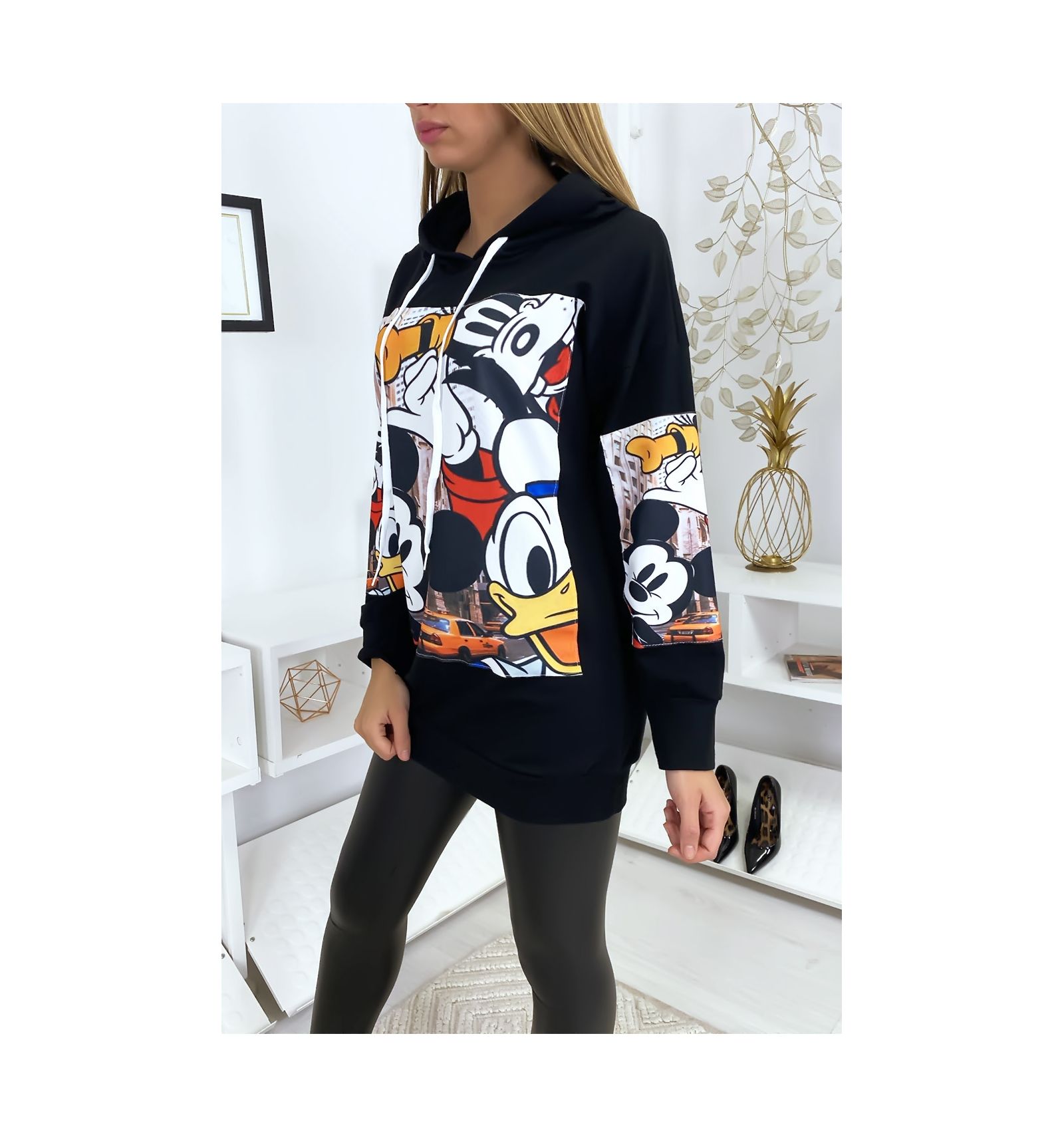 Robe pull noir Mickey et Disney Sweat long avec capuche NoirMickey FEMME | H&M FR