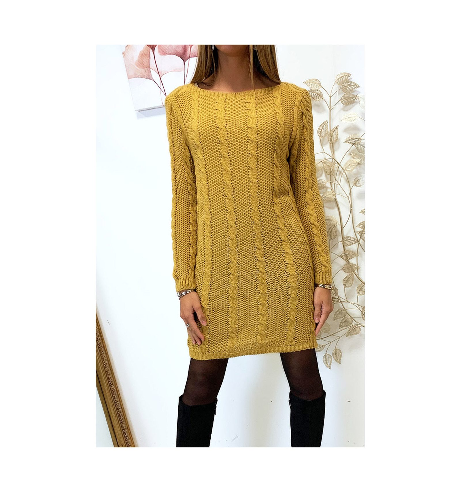 Joli robe pull torsadé moutarde en manche longue