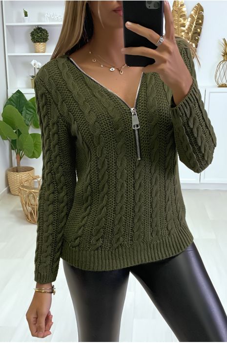 cable knit sweater with zipper