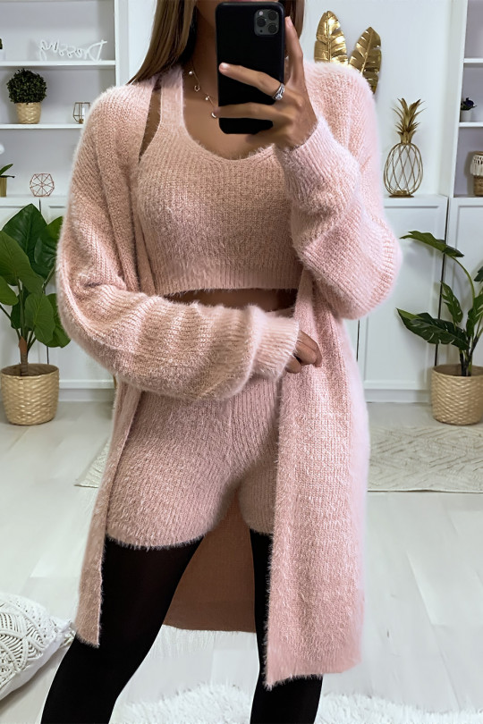 Magnifique ensemble 3 pièces très doux avec short débardeur et gilet Magnifique ensemble 3 pièces très doux avec short débardeur et gilet