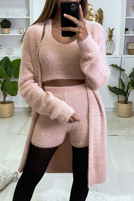 Magnifique ensemble 3 pièces très doux avec short débardeur et gilet Magnifique ensemble 3 pièces très doux avec short débardeur et gilet