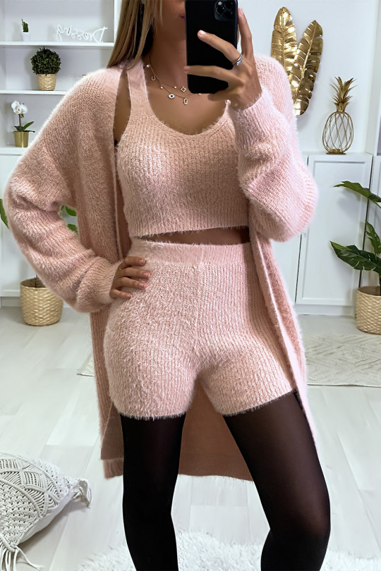 Magnifique ensemble 3 pièces très doux avec short débardeur et gilet Magnifique ensemble 3 pièces très doux avec short débardeur et gilet