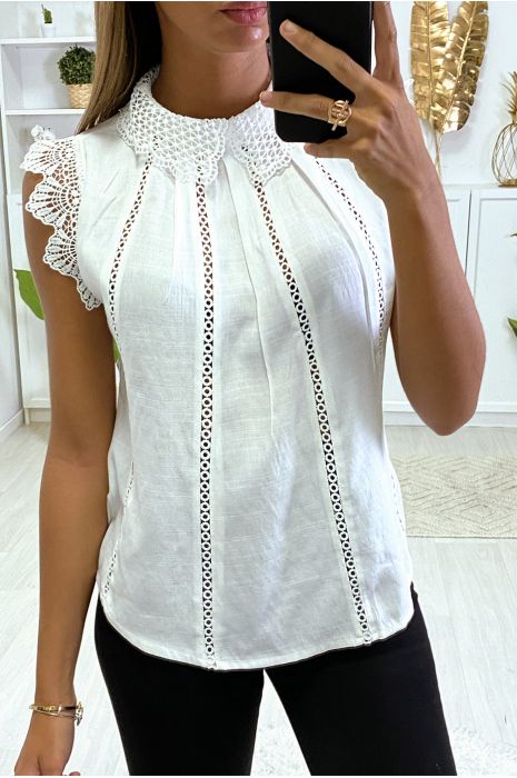 Blouse Blanche Pour Femme Avec Dentelle Devant Au Col Et Aux Manches