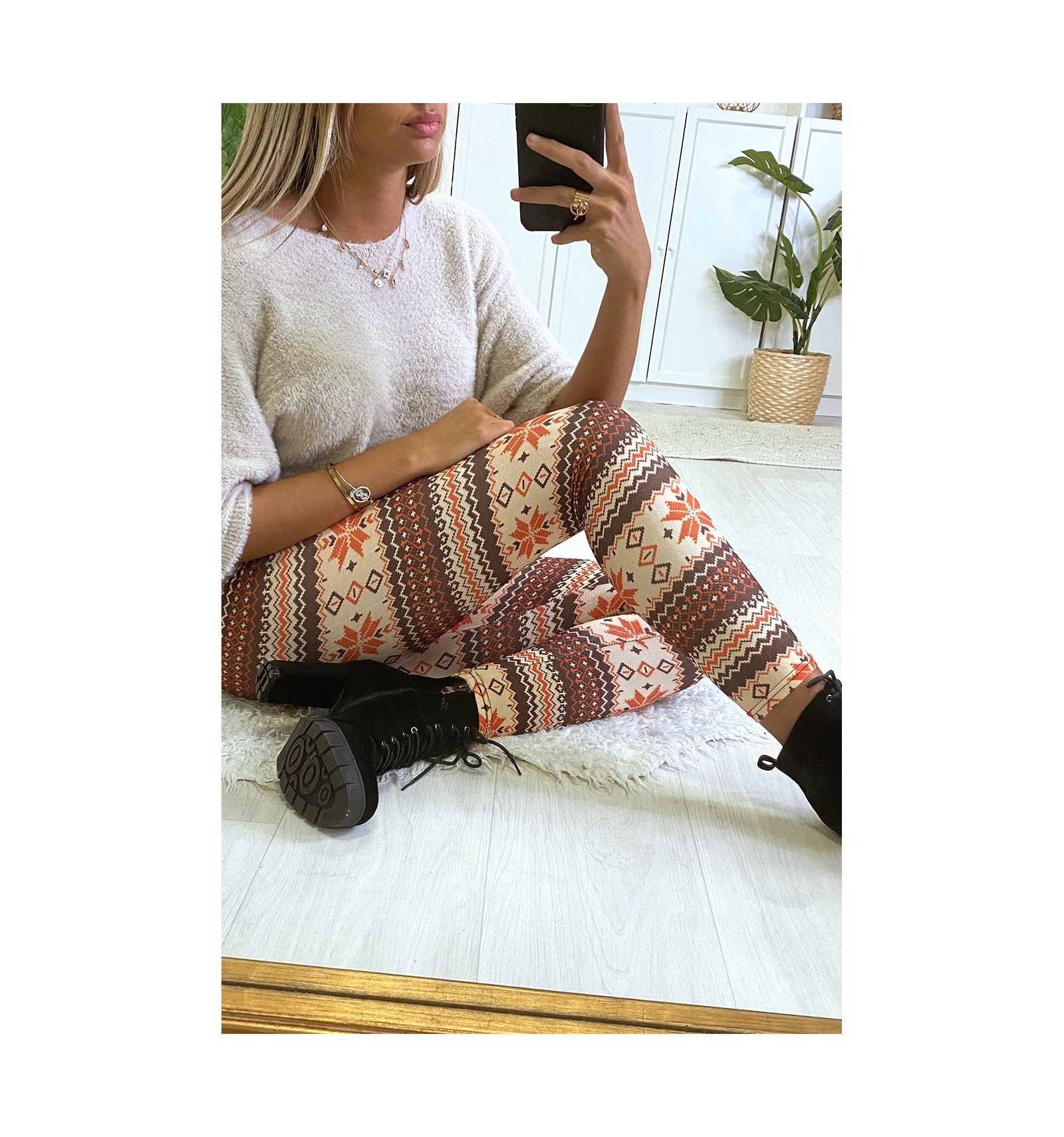 Legging à motif beige et cognac. Leggings femme pas cher