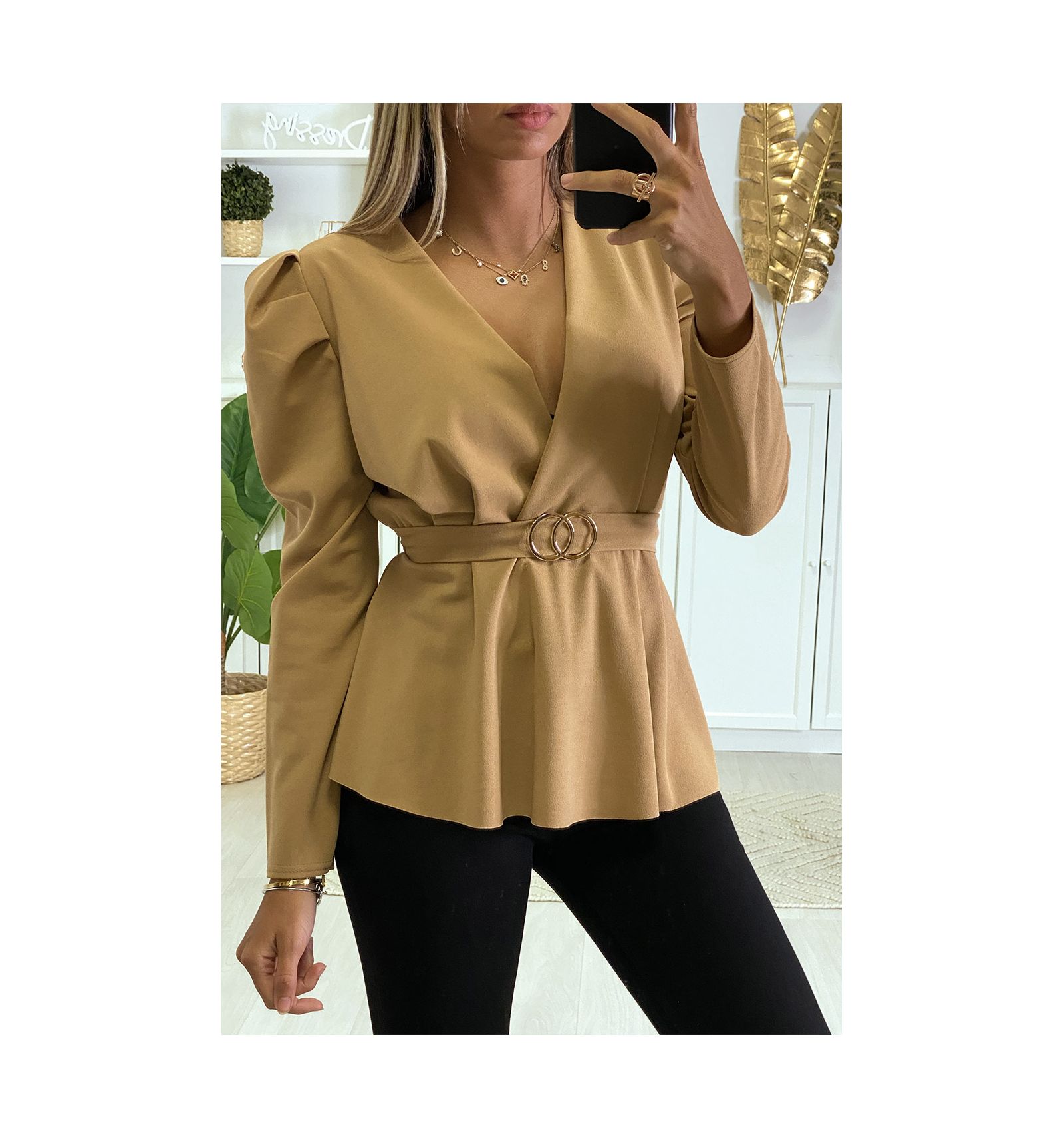 Camel double-breasted blouse with rings and puffed ...