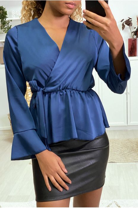 blue satin wrap top